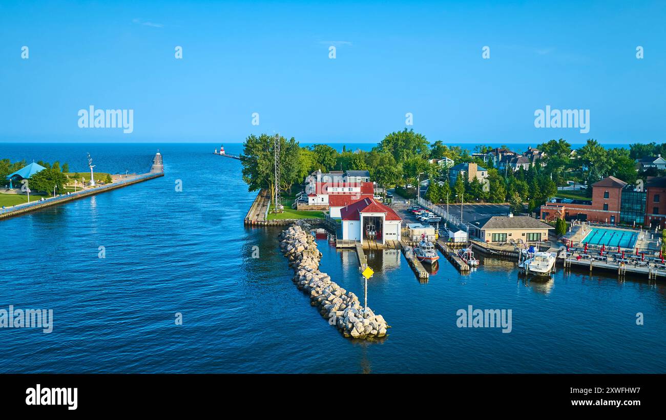 Aerial View of Marina and Lighthouses in Scenic Coastal Town Stock ...