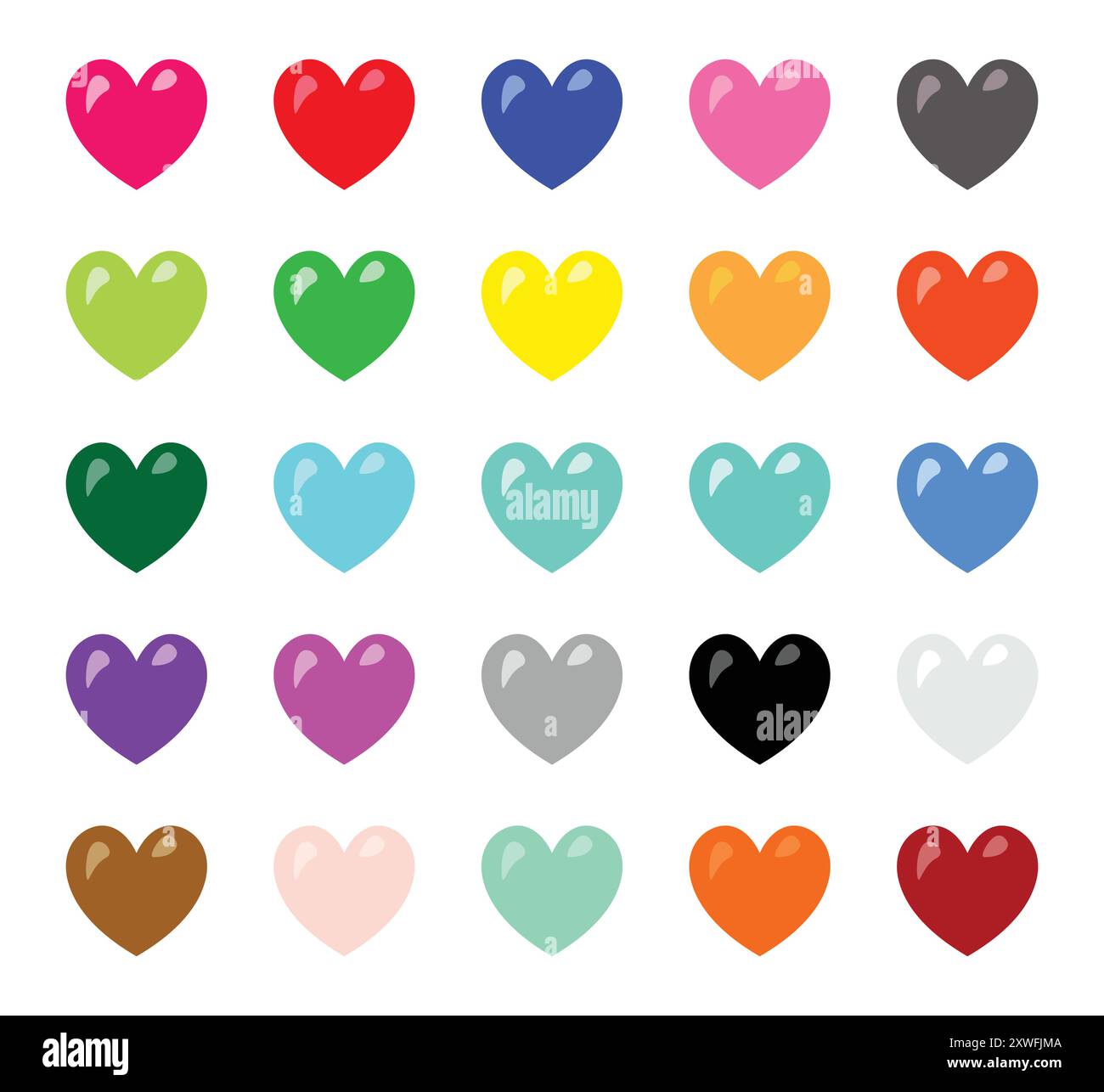 Huge set of hearts in various colors vector illustrations on white background. colorful heart set with red, orange, yellow, green, blue, black color. Stock Vector