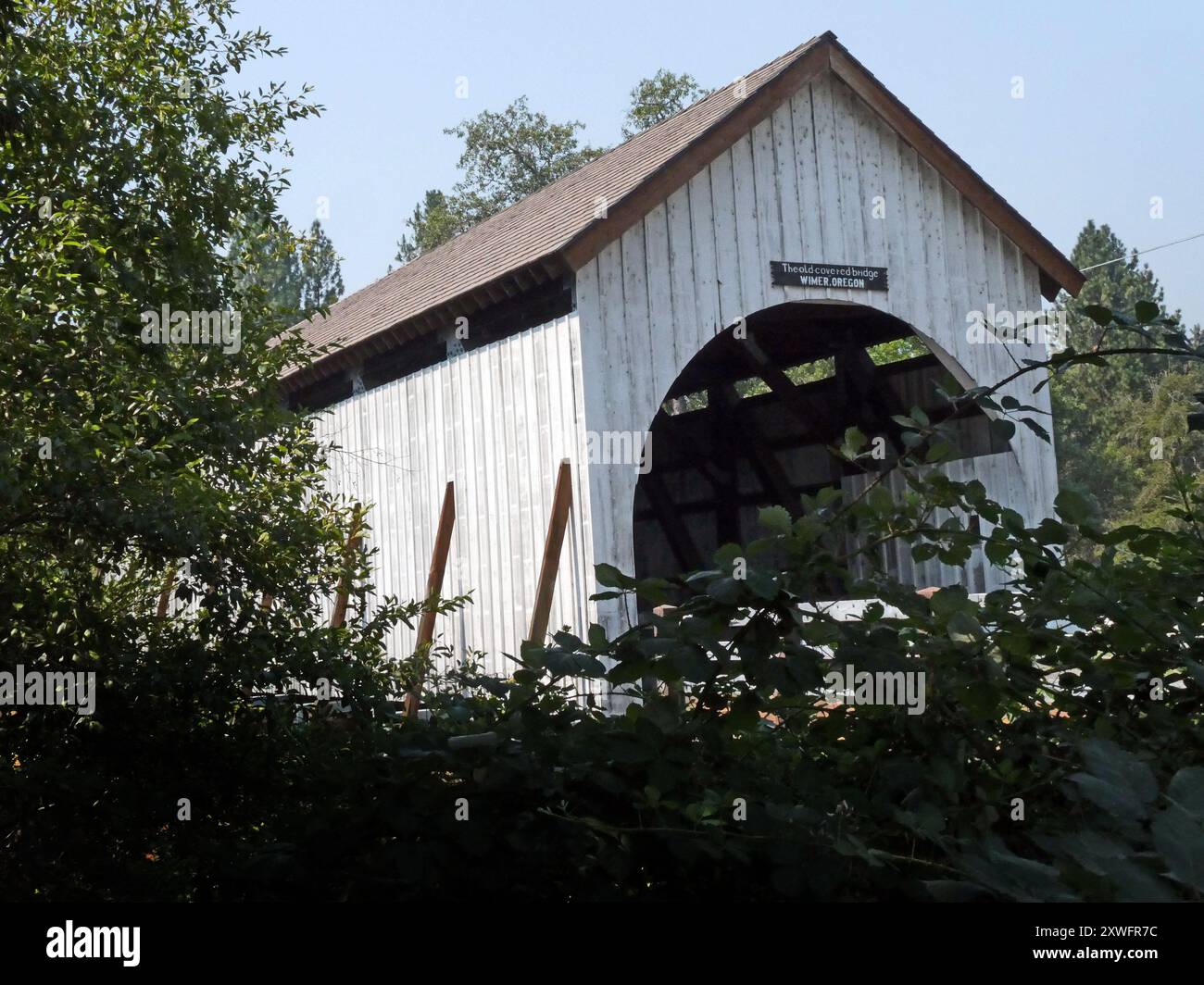 The Wimer covered bridge in Wiimer Oregon is the last covered bridge still in the state. Built in 1892 and later rebuilt after 2008 flood. Stock Photo