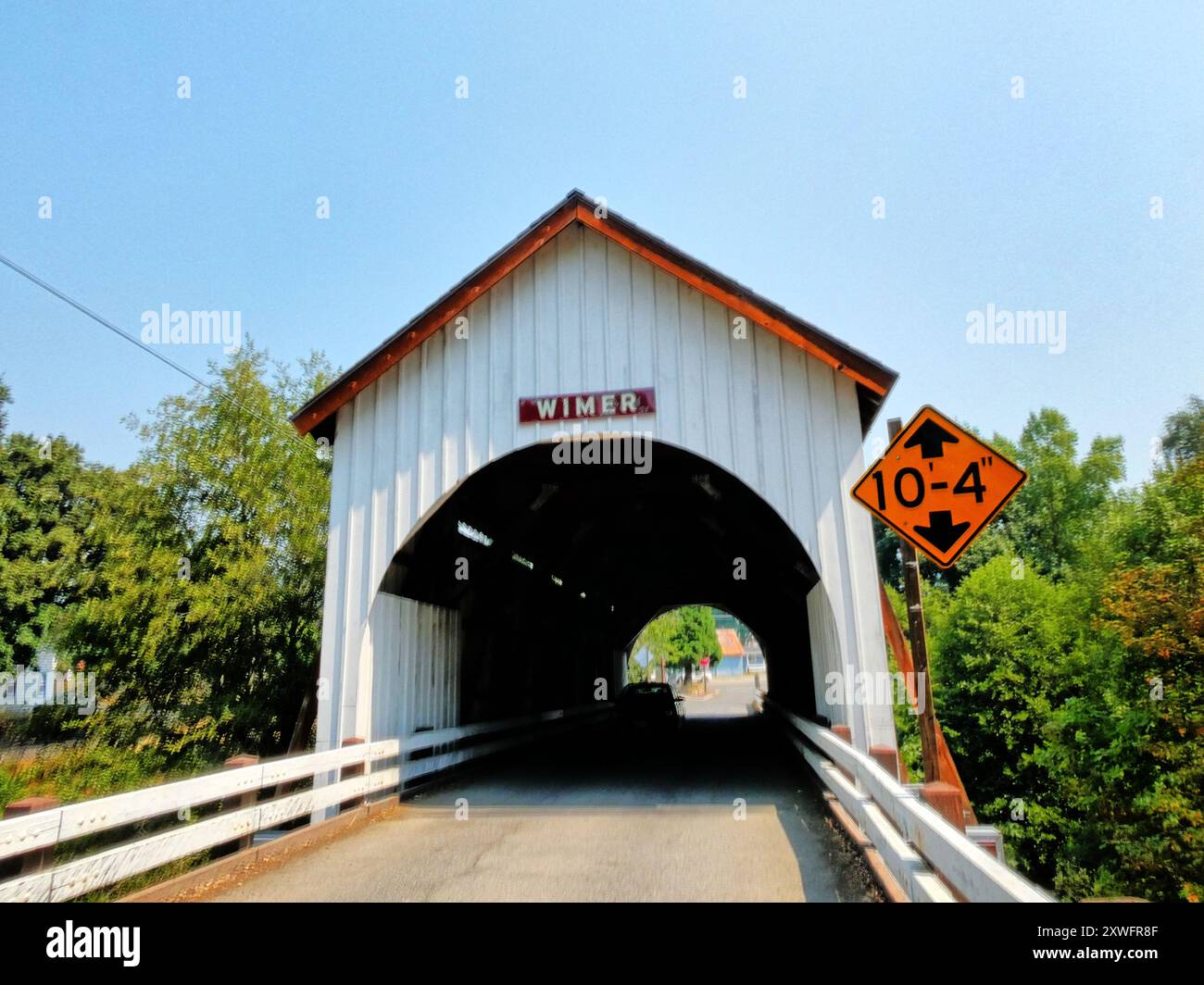 The Wimer covered bridge in Wiimer Oregon is the last covered bridge still in the state. Built in 1892 and later rebuilt after 2008 flood. Stock Photo