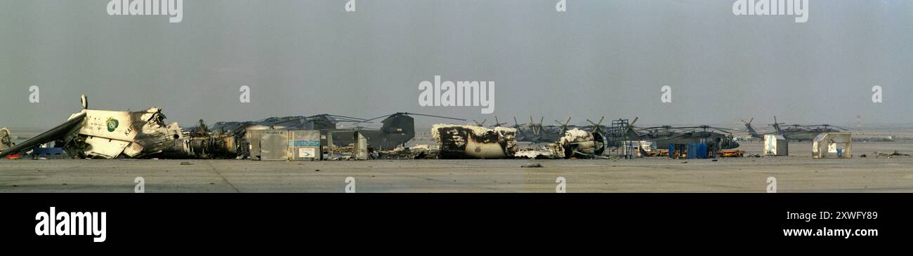 First Gulf War: 6th March 1991 A panorama of the wreckage of a Kuwait Air Force McDonnell Douglas C-9K, registration KAF 320 at Kuwait International Airport. Stock Photo