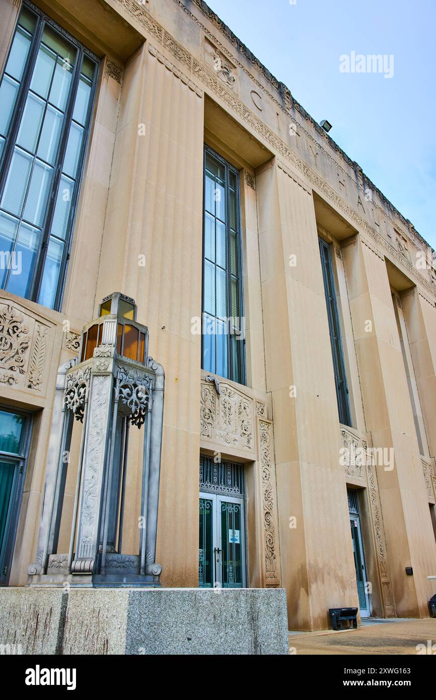 Grand Art Deco City Hall Exterior with Ornate Lamp Post - Angled View ...