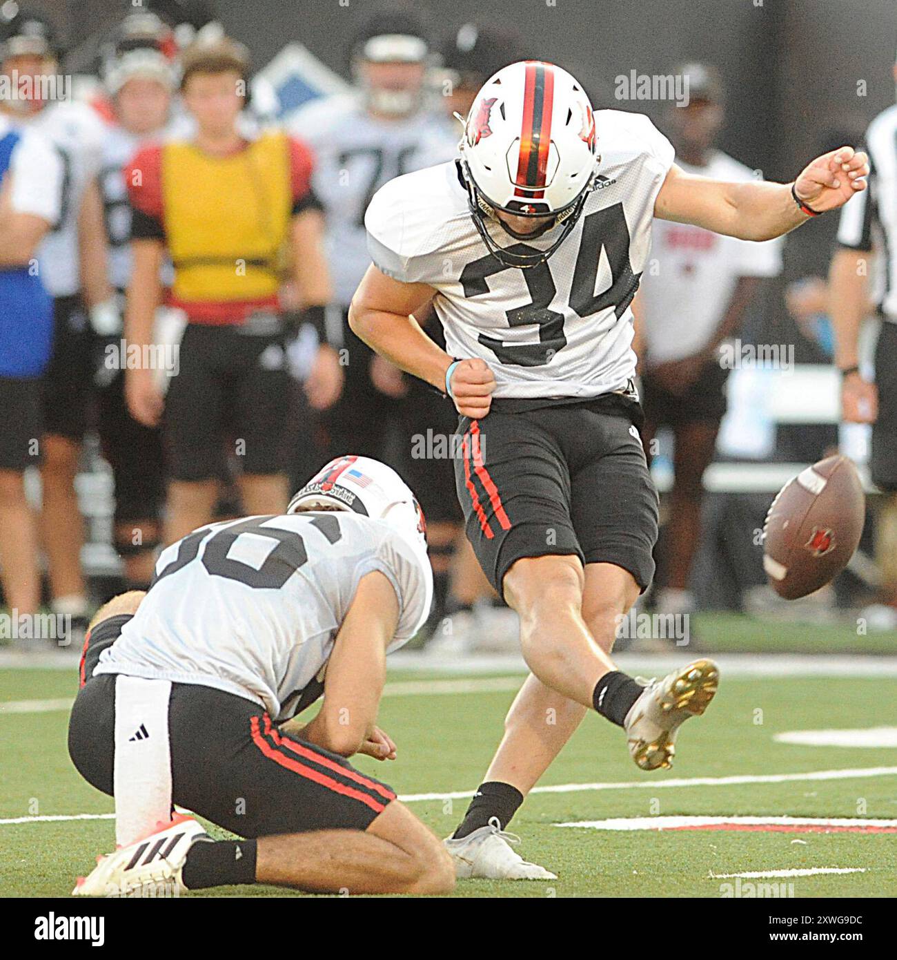 Placekicker Clune Van Andel 34 attempts a field goal out of a hold by Brook Honore 86 during Arkansas State s football scrimmage Saturday Aug. 17 2024 in Jonesboro Ark. Kevin Turbeville The Jonesboro
