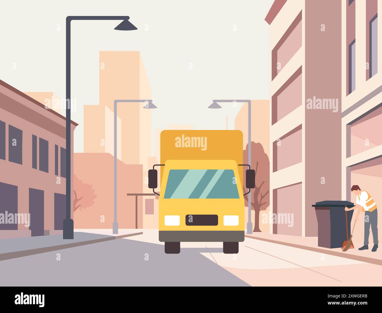 Street cleaning with machine. Truck collects garbage cans, ridding city ...