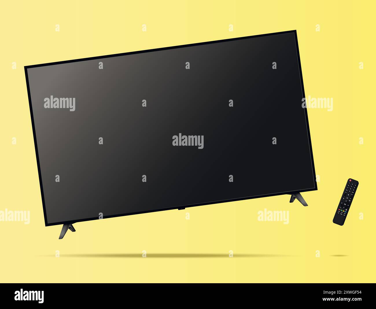 TV screen with remote control floated on yellow background. Vector illustration. Stock Vector