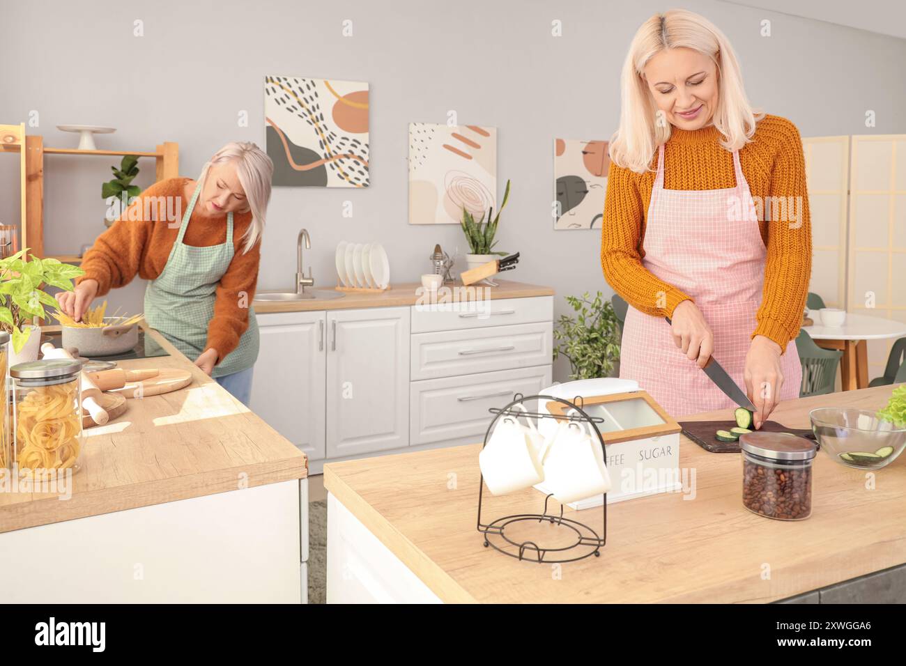 Mature female friends cooking in kitchen Stock Photo