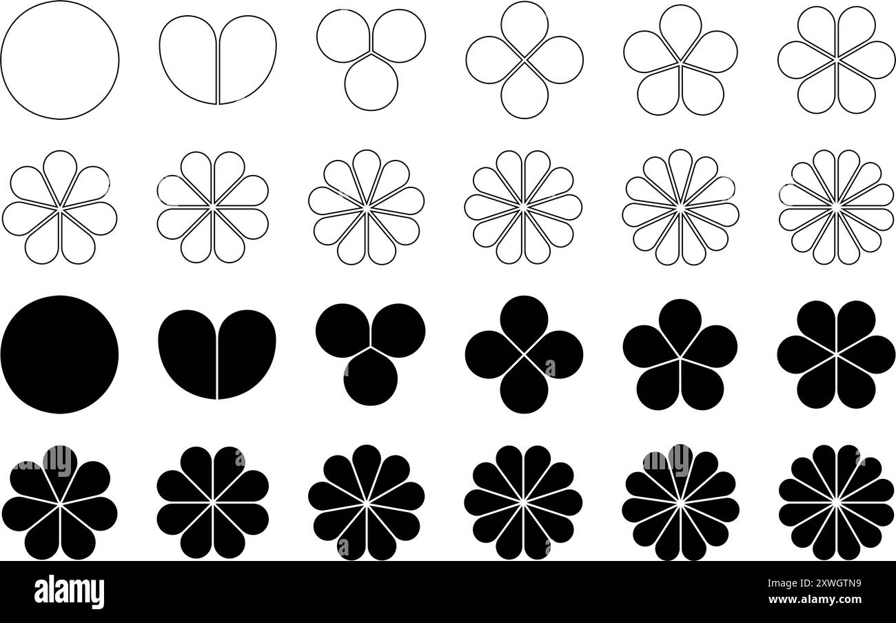 Set of flower diagrams with petals. Pie chart divided on equal segments in leaf shapes isolated on white background. Floral layouts for data presentation. Vector graphic illustration. Stock Vector