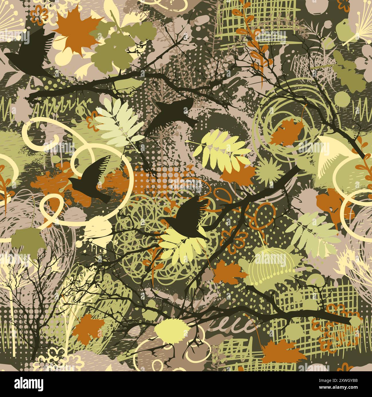 Autumn seamless background with leaves and birds. hand drawing. Not AI ...
