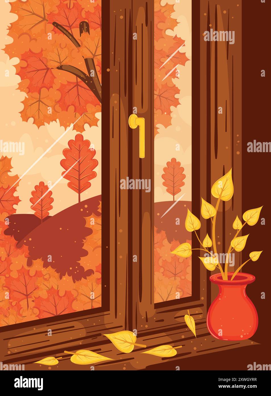 Autumn Foliage Outside Window with Vase of Leaves Vector Stock Vector ...