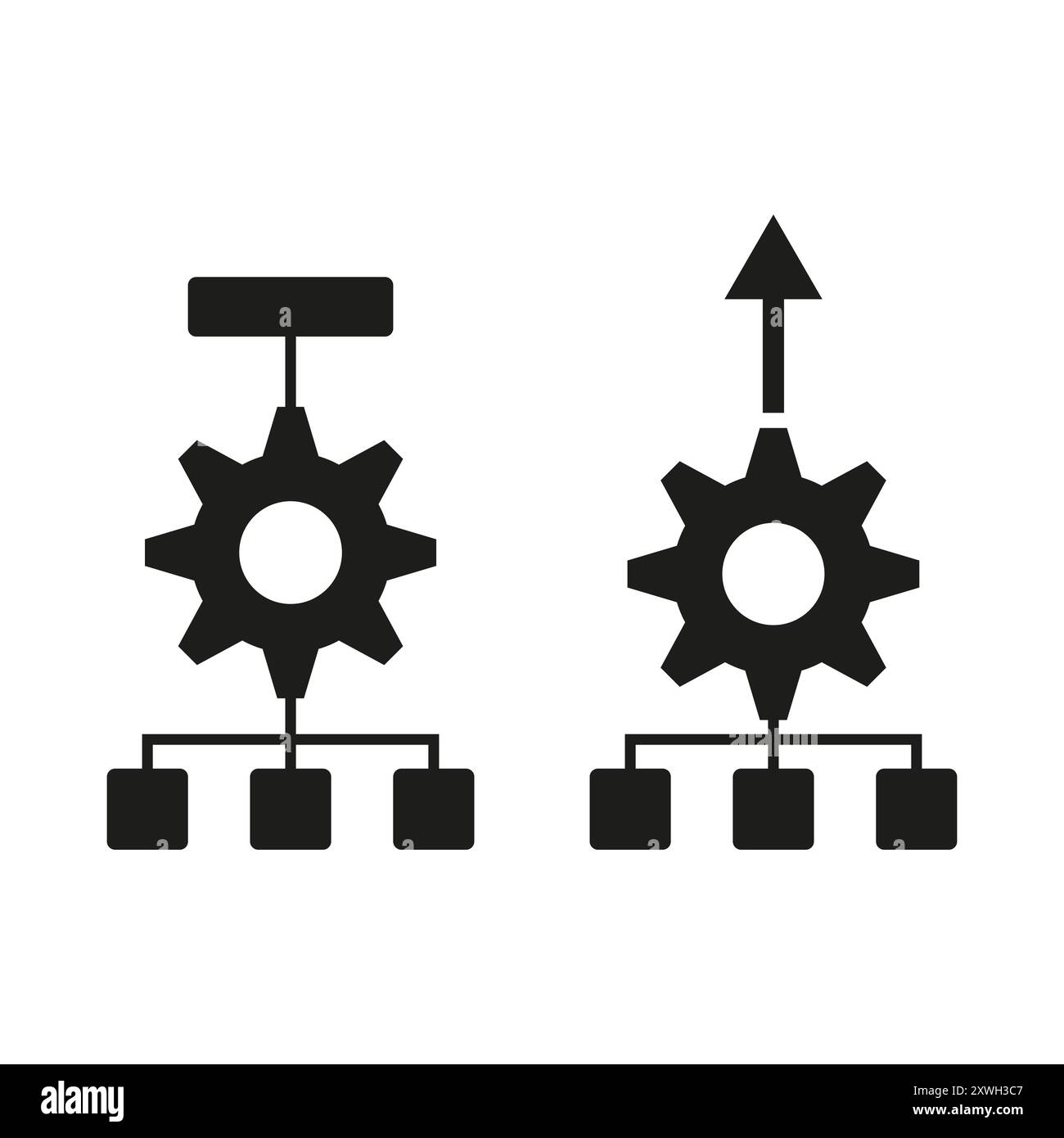 Gear hierarchy icons. Process flow symbols. Black outline design ...