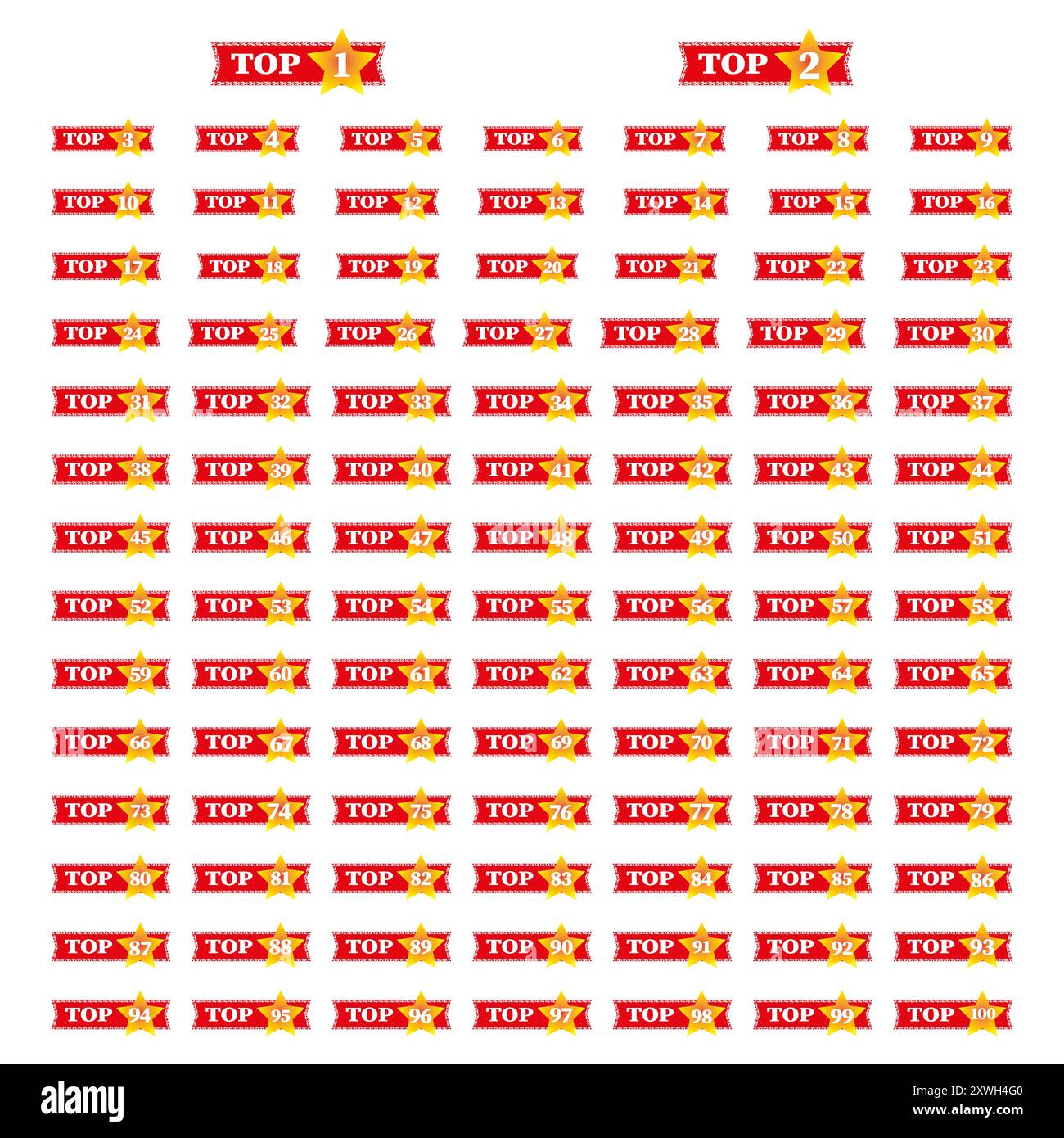 Top ranking banner set numbers one to one hundred red ribbons with