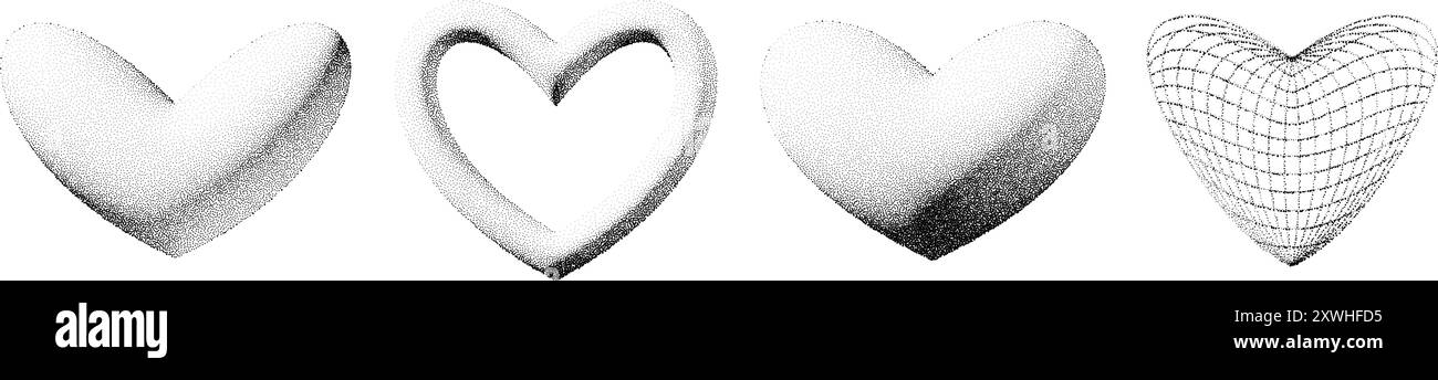 Dotted 3d y2k heart shape collection. Black stippled gradient heart set ...