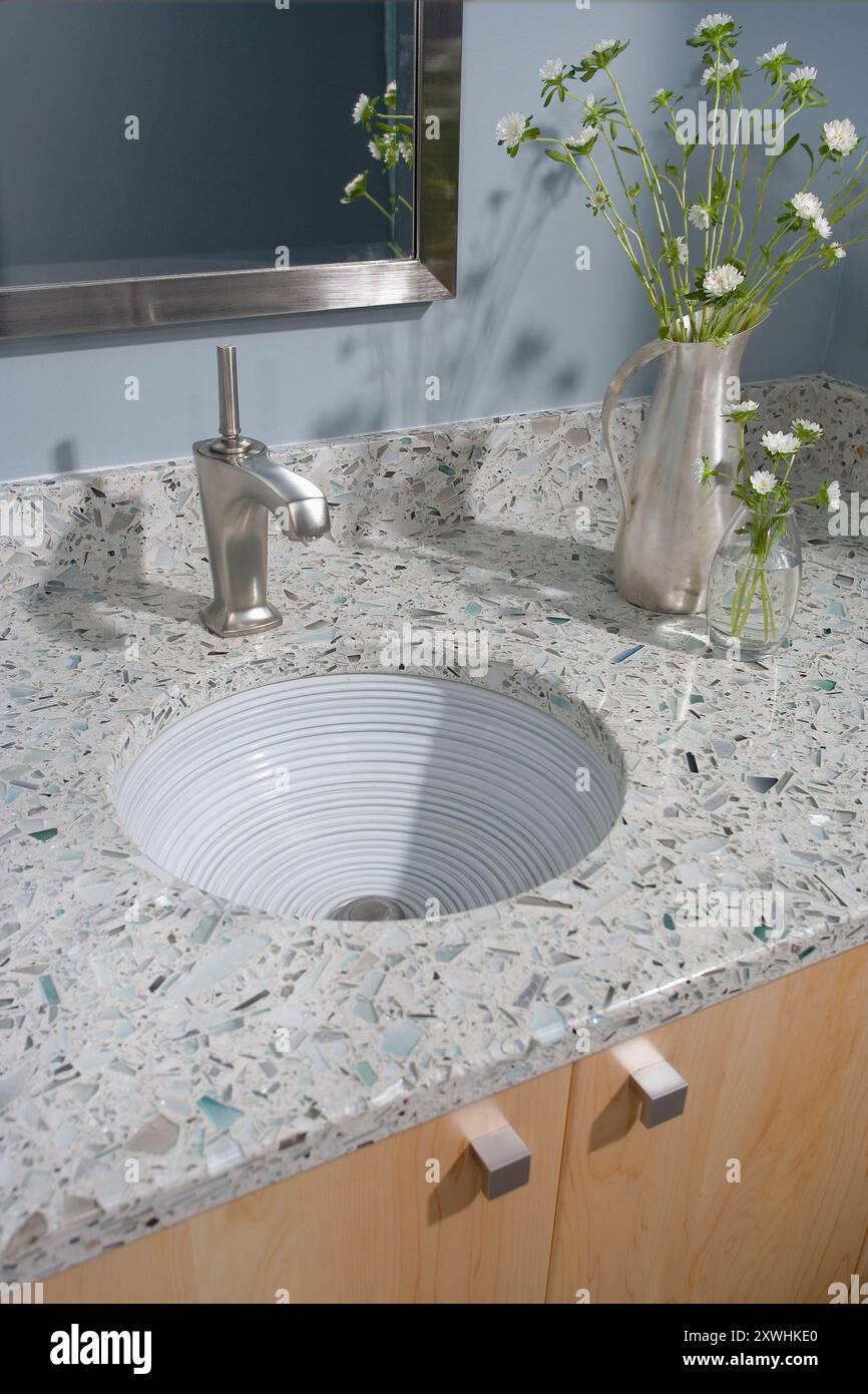 Picture of Close up of bathroom vanity with recycled glass countertop Stock Photo ...