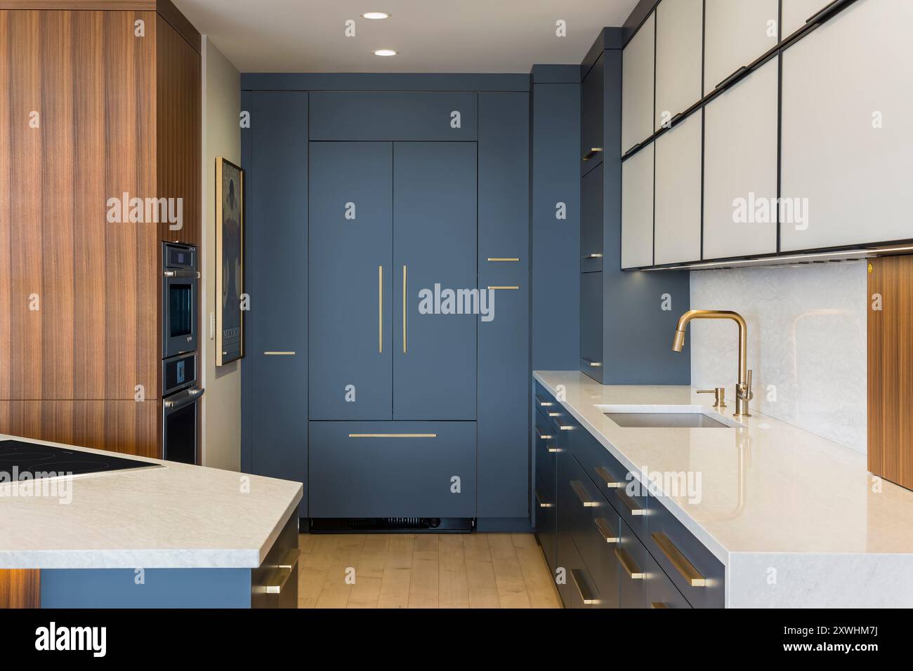 Modern kitchen with matte gray cabinets and integrated refrigerator ...
