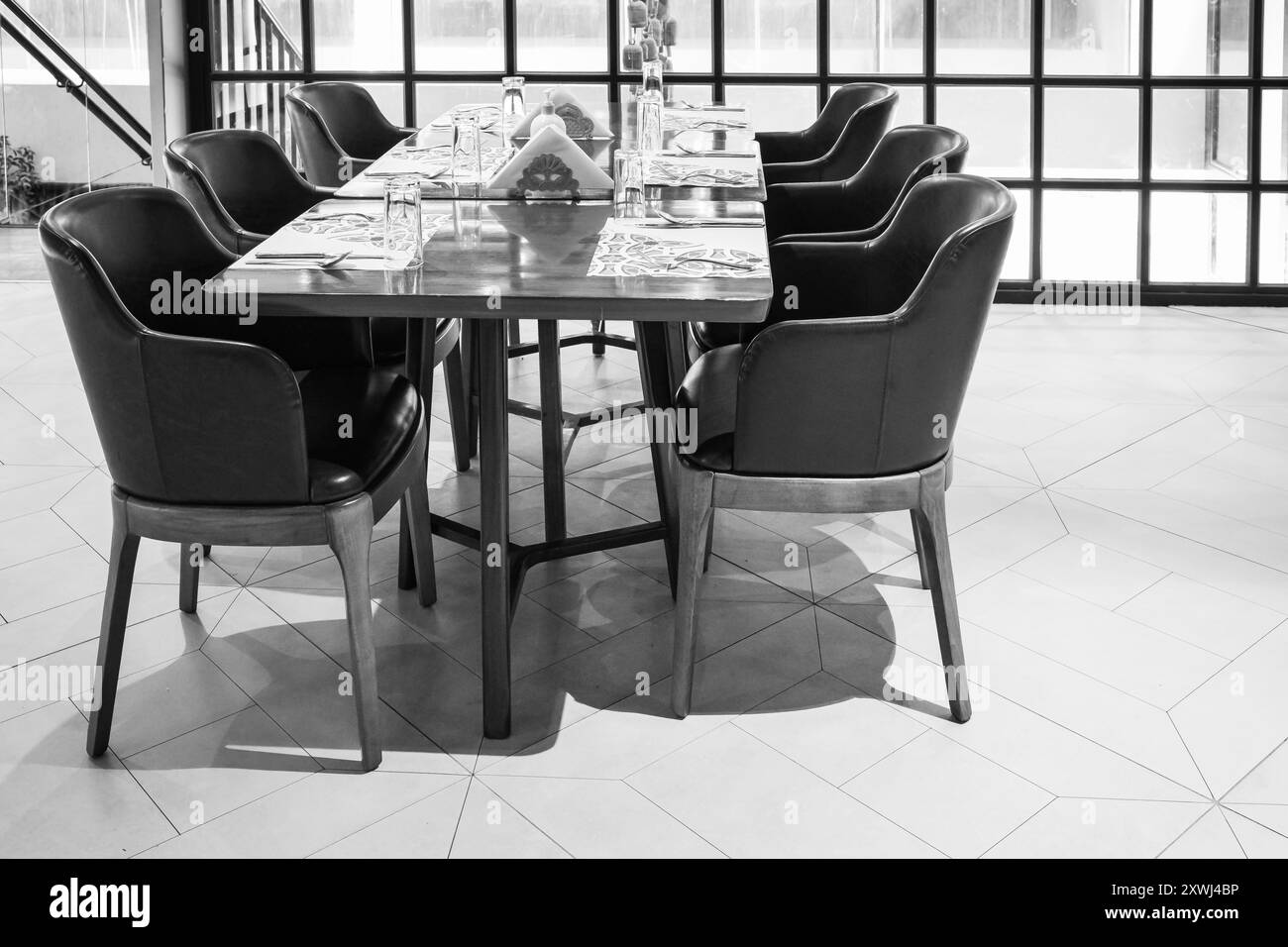 Restaurant dining interior inside empty tables chairs Black and White ...