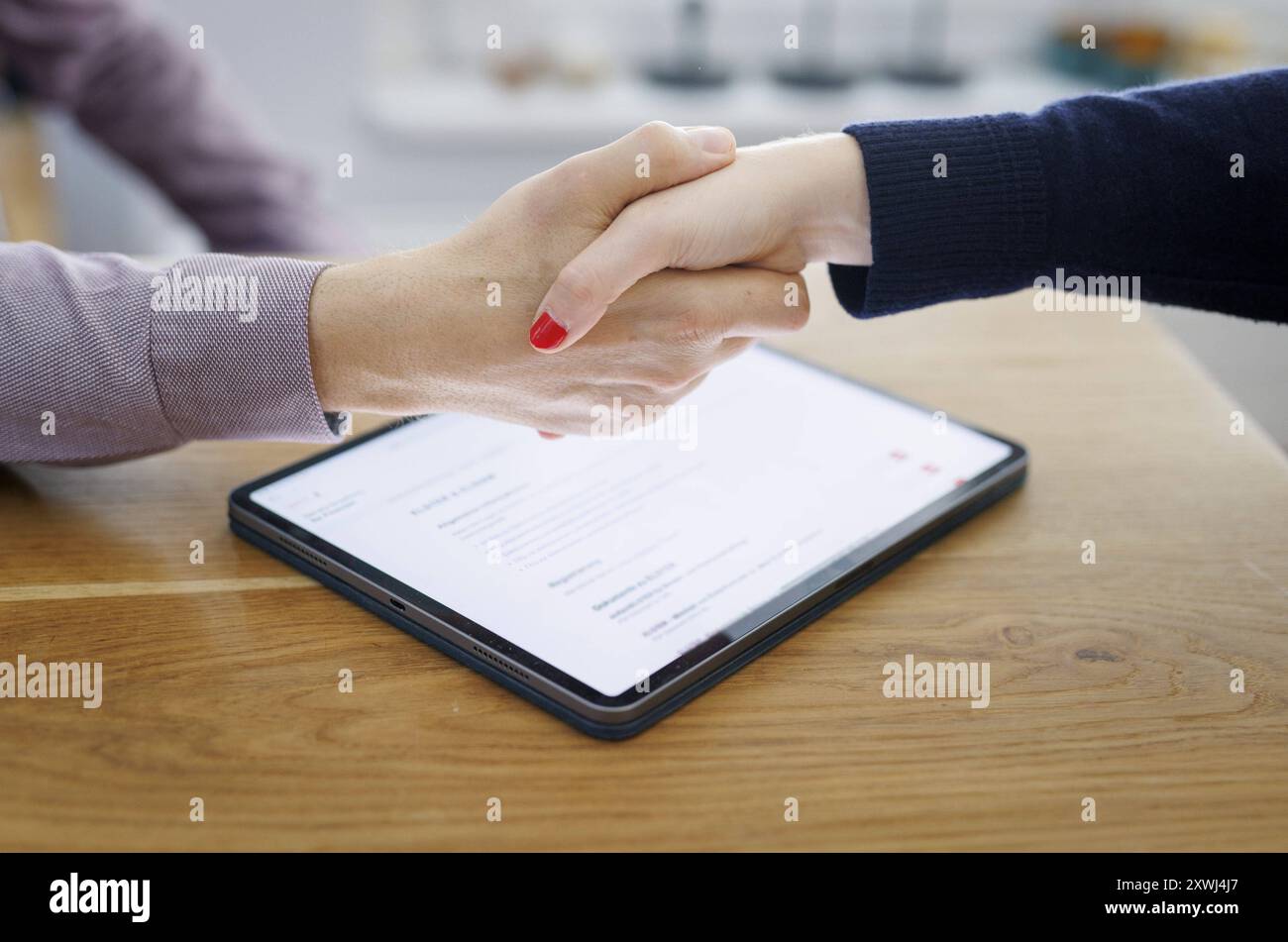 Symbolfoto zum Thema Vertragsabschluss. Handschlag zwischen Mann und Frau ueber einem Tablet mit einem Textdokument auf dem Bildschirm. Berlin, 13.08. Stock Photo