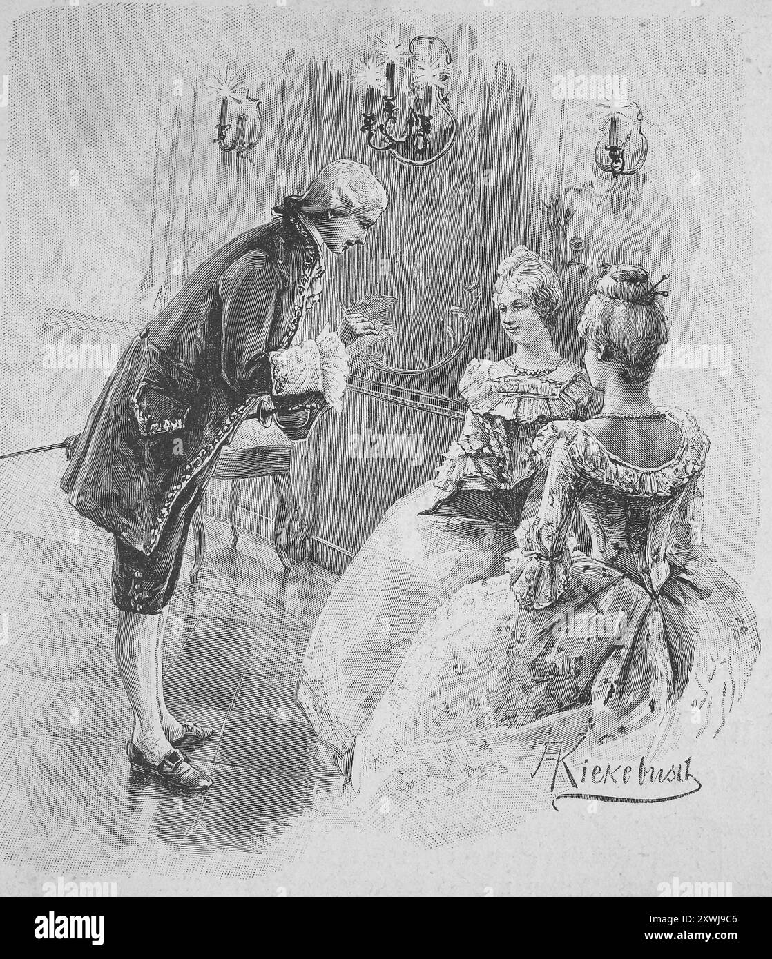 Cavalier and two noble ladies under the light of candles at a ball, Historical, digitally restored reproduction from an original from the 19th century, Record date not stated, Kavalier und zwei Edeldamen unter dem Licht von Kerzen bei einem Ball, Historisch, digital restaurierte Reproduktion von einer Vorlage aus dem 19. Jahrhundert Stock Photo