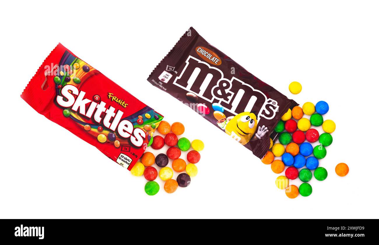 2024: Skittles (by Mars) fruit dragee on white Stock Photo