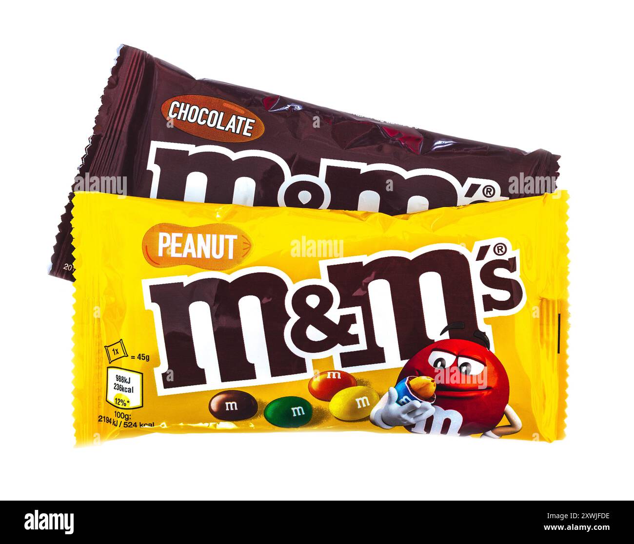 2024: M&Ms (by Mars) chocolate nut dragee, on white Stock Photo