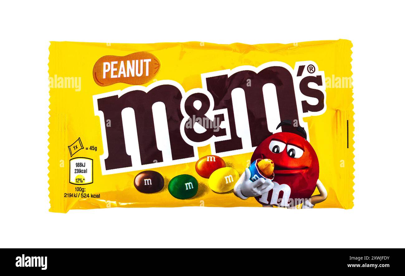 2024: M&Ms (by Mars) chocolate nut dragee, on white Stock Photo