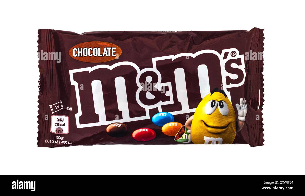 2024: M&Ms (by Mars) chocolate nut dragee, on white Stock Photo