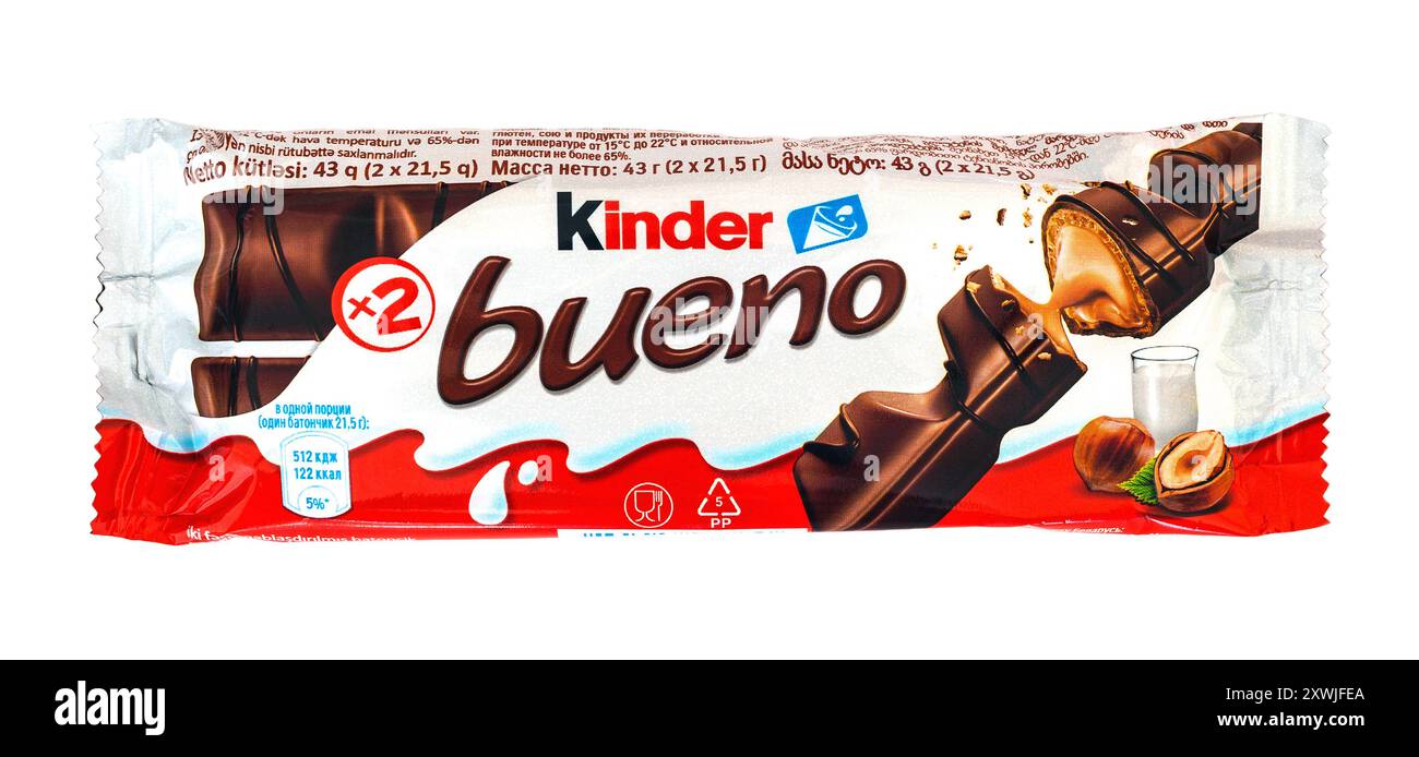 2024: Kinder bueno (by Ferrero) chocolate bar, on white Stock Photo