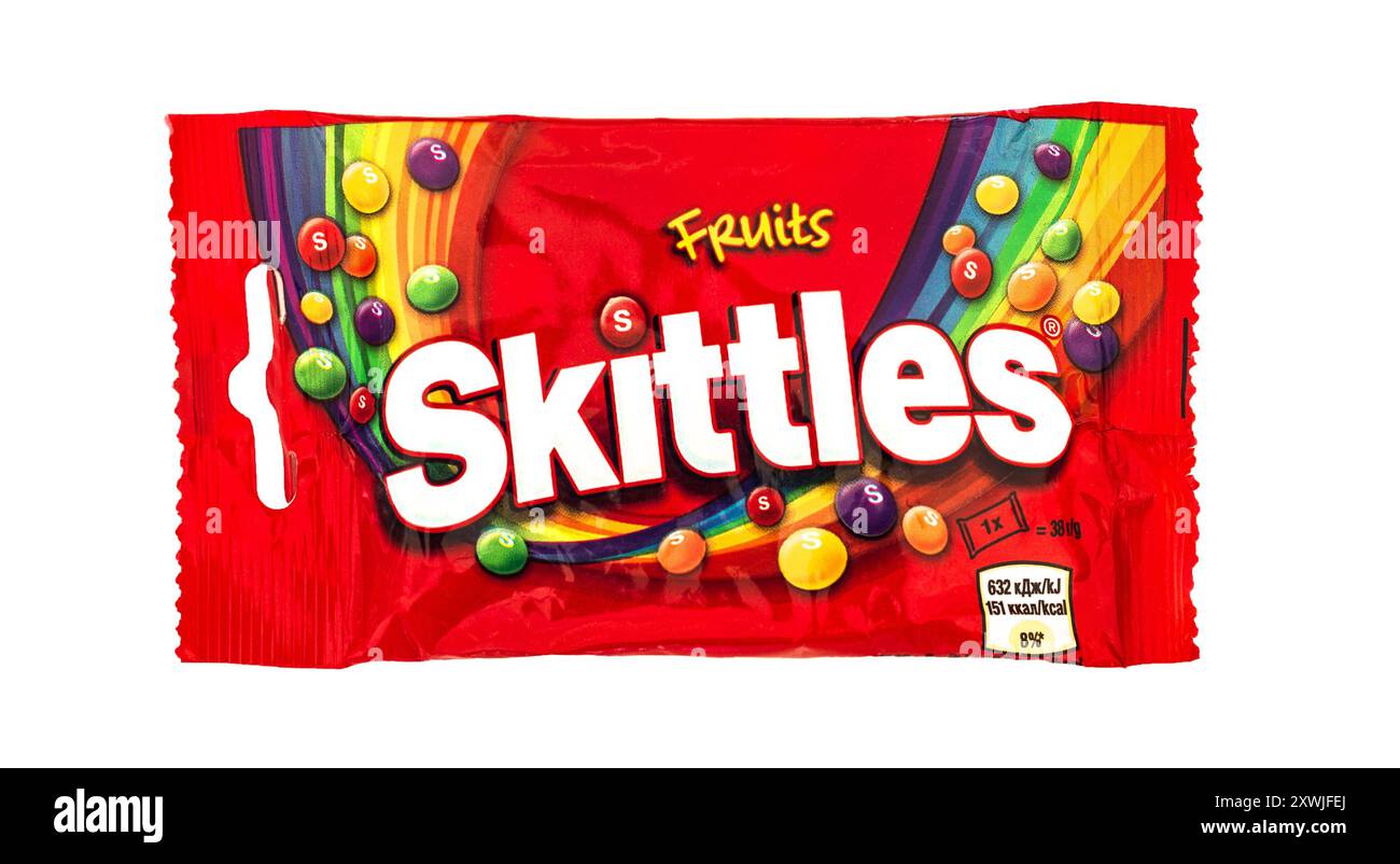 2024: Skittles (by Mars) fruit dragee on white Stock Photo