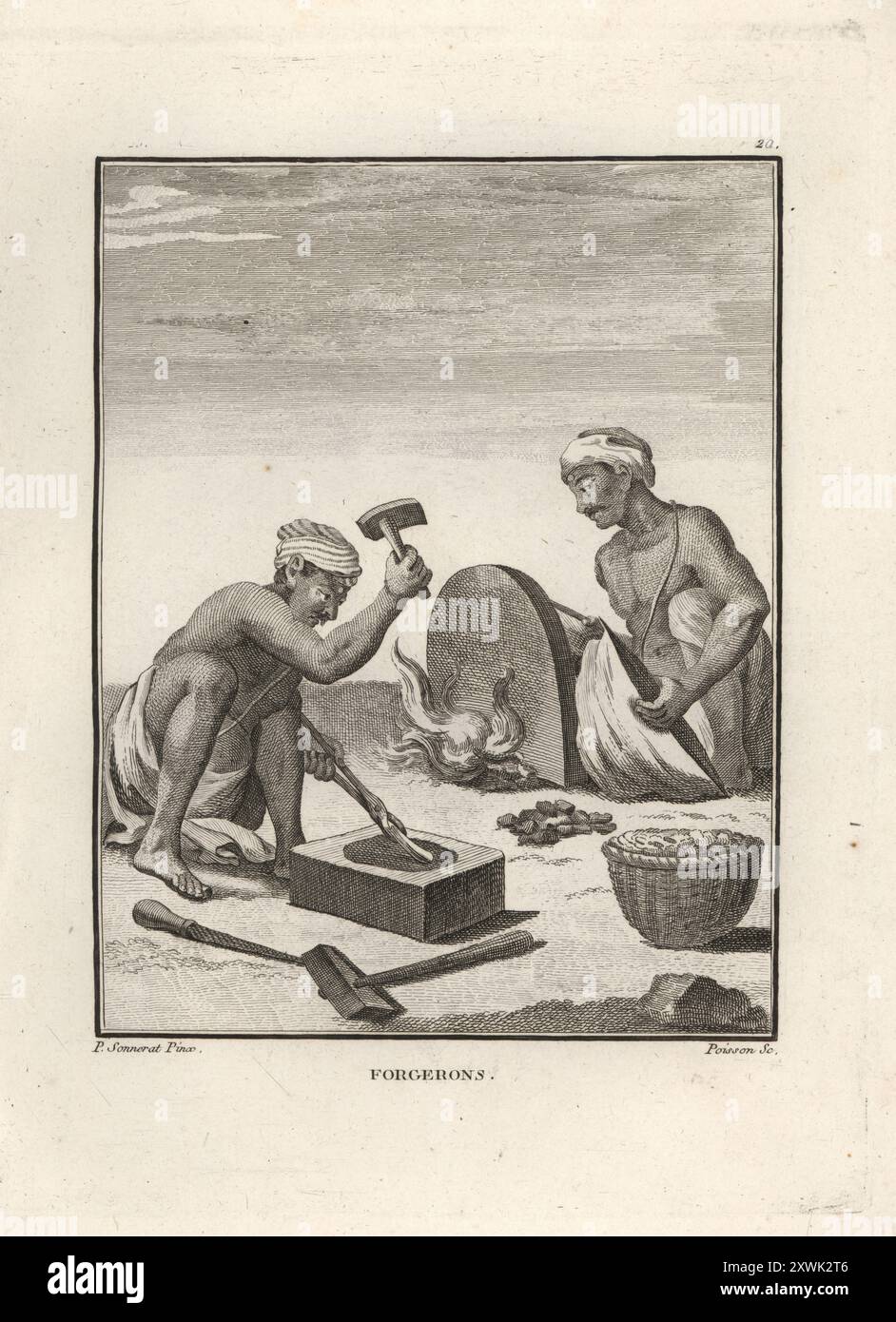 Indian blacksmiths working with a portable forge. The smith in turban and dhoti beats metal with hammer and tongs. His apprentice works the leather bellows to fan the flames of the furnace. Forgerons. Copperplate engraving by Jean-Baptiste Marie Poisson after an illustration by Pierre Sonnerat from his Voyage aux Indes Orientales et à la Chine (Voyage to the East Indies and China, Dentu, Paris, 1806. Stock Photo