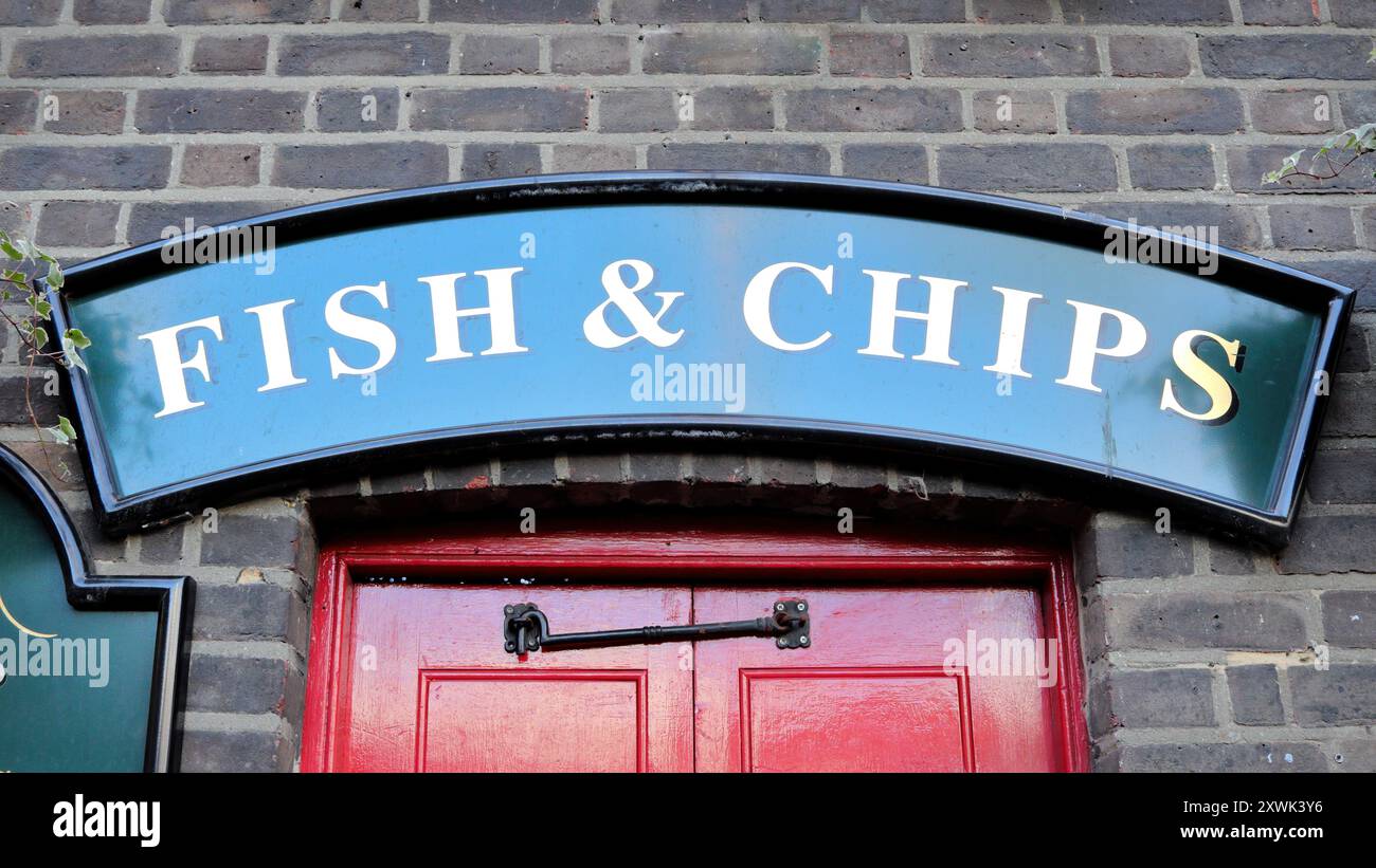 Fish and Chips sign on The Anchor pub in London, England Stock Photo