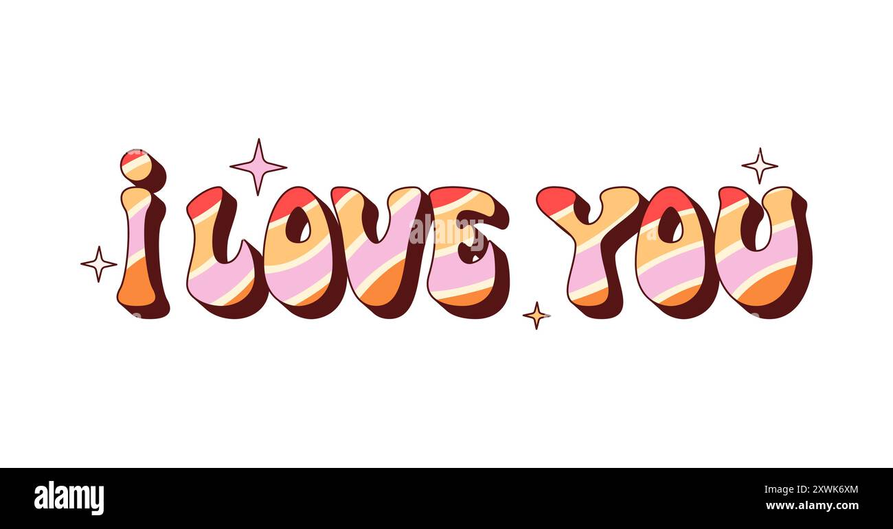 Retro y2k groovy I love you phrase in bold, colorful letters with a striped pattern of red, pink, orange, and yellow hues, with small star shapes surround the text. Cartoon vector playful typography Stock Vector