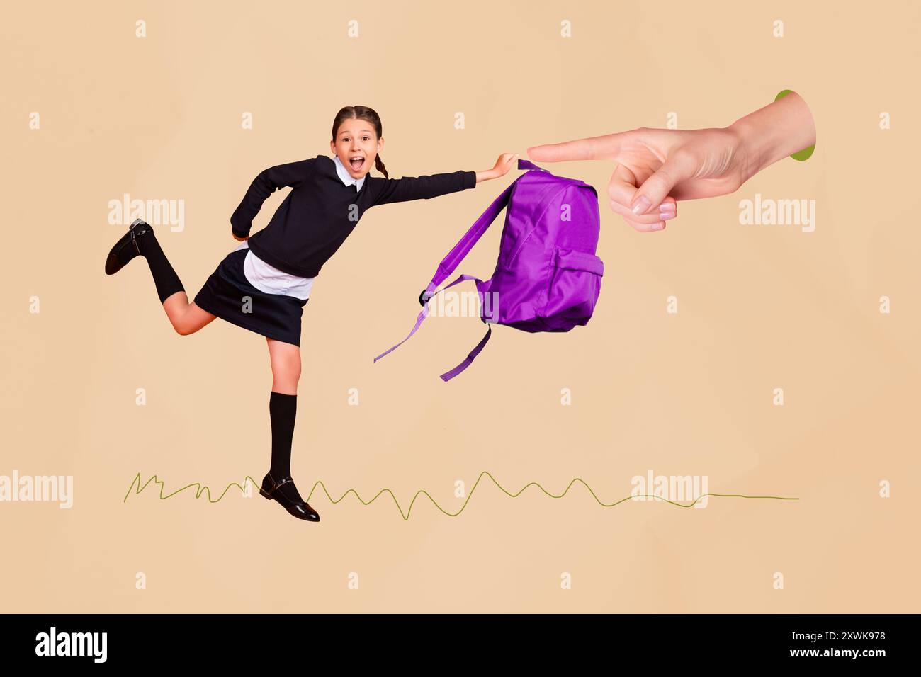 Composite photo collage of happy schoolgirl hold backpack human point index finger school education concept isolated on painted background Stock Photo