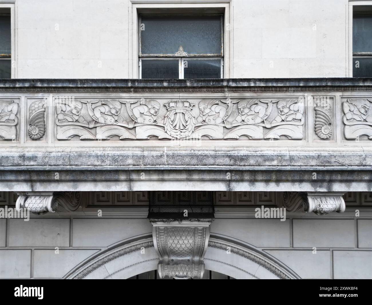 Eye level drone view of the relief sculptures on the former Martins Bank building on Water St Liverpool Stock Photo