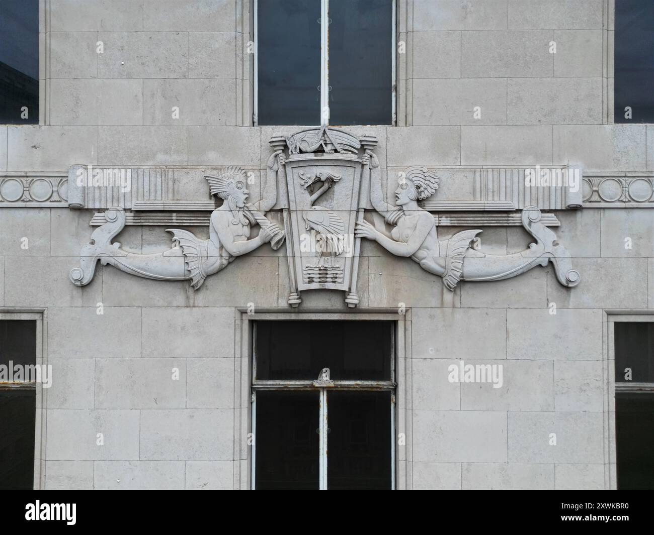 Eye level drone view of the relief sculptures on the former Martins Bank building on Water St Liverpool Stock Photo