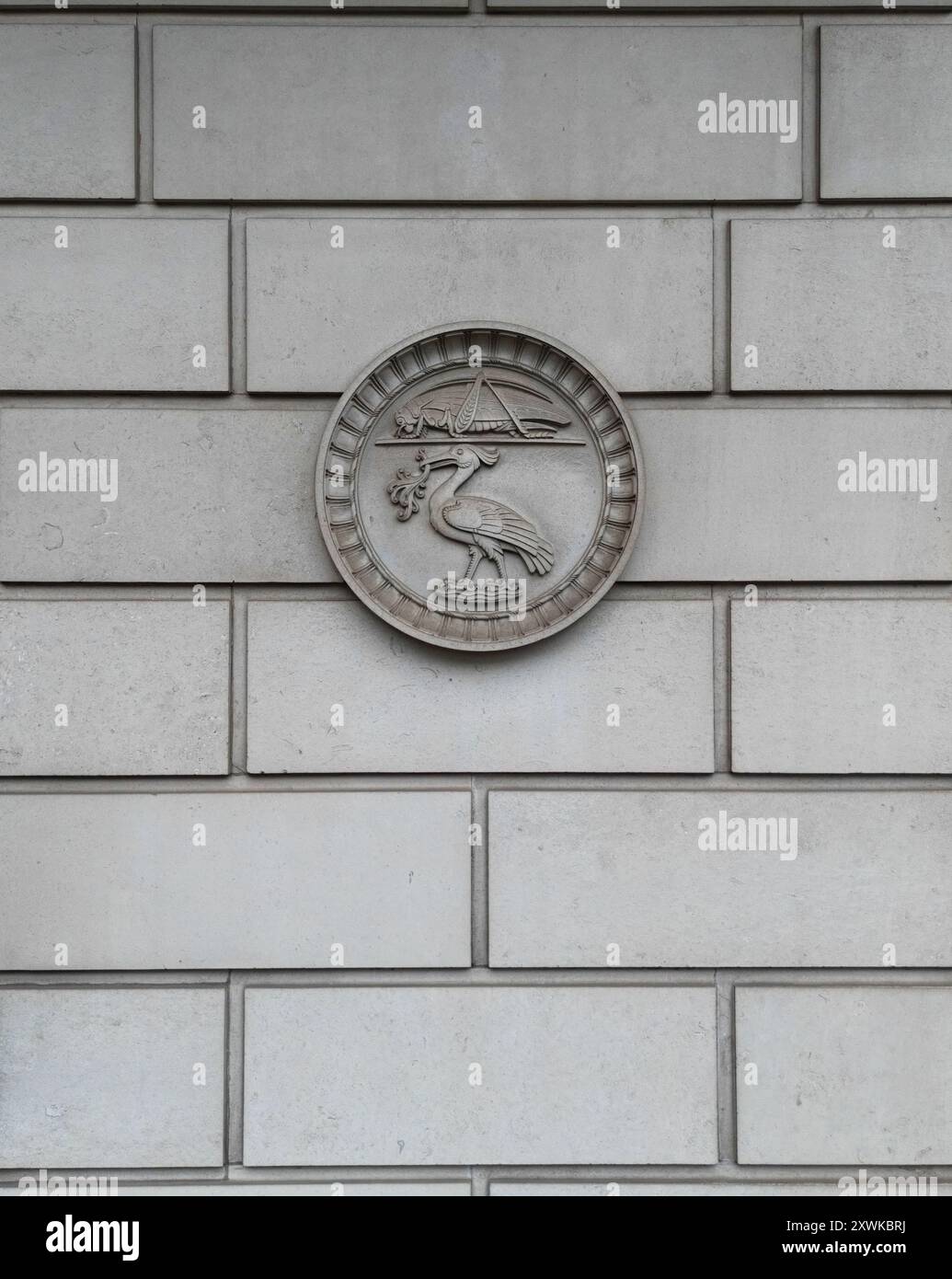 Eye level drone view of the relief sculptures on the former Martins Bank building on Water St Liverpool Stock Photo