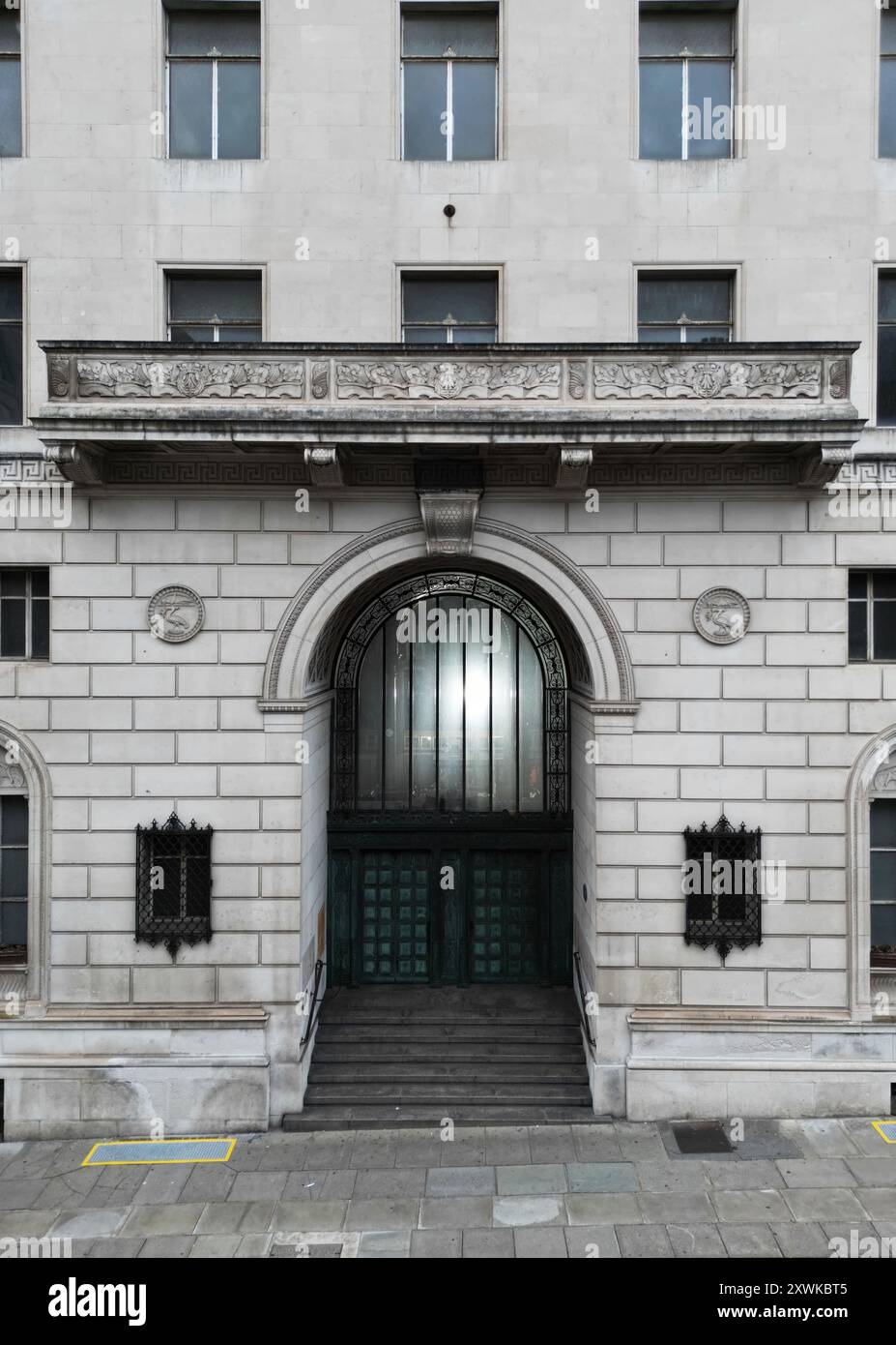 Eye level drone view of the relief sculptures on the former Martins Bank building on Water St Liverpool Stock Photo