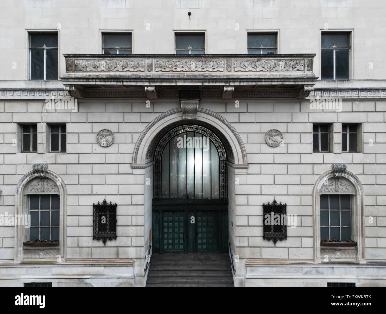 Eye level drone view of the relief sculptures on the former Martins Bank building on Water St Liverpool Stock Photo