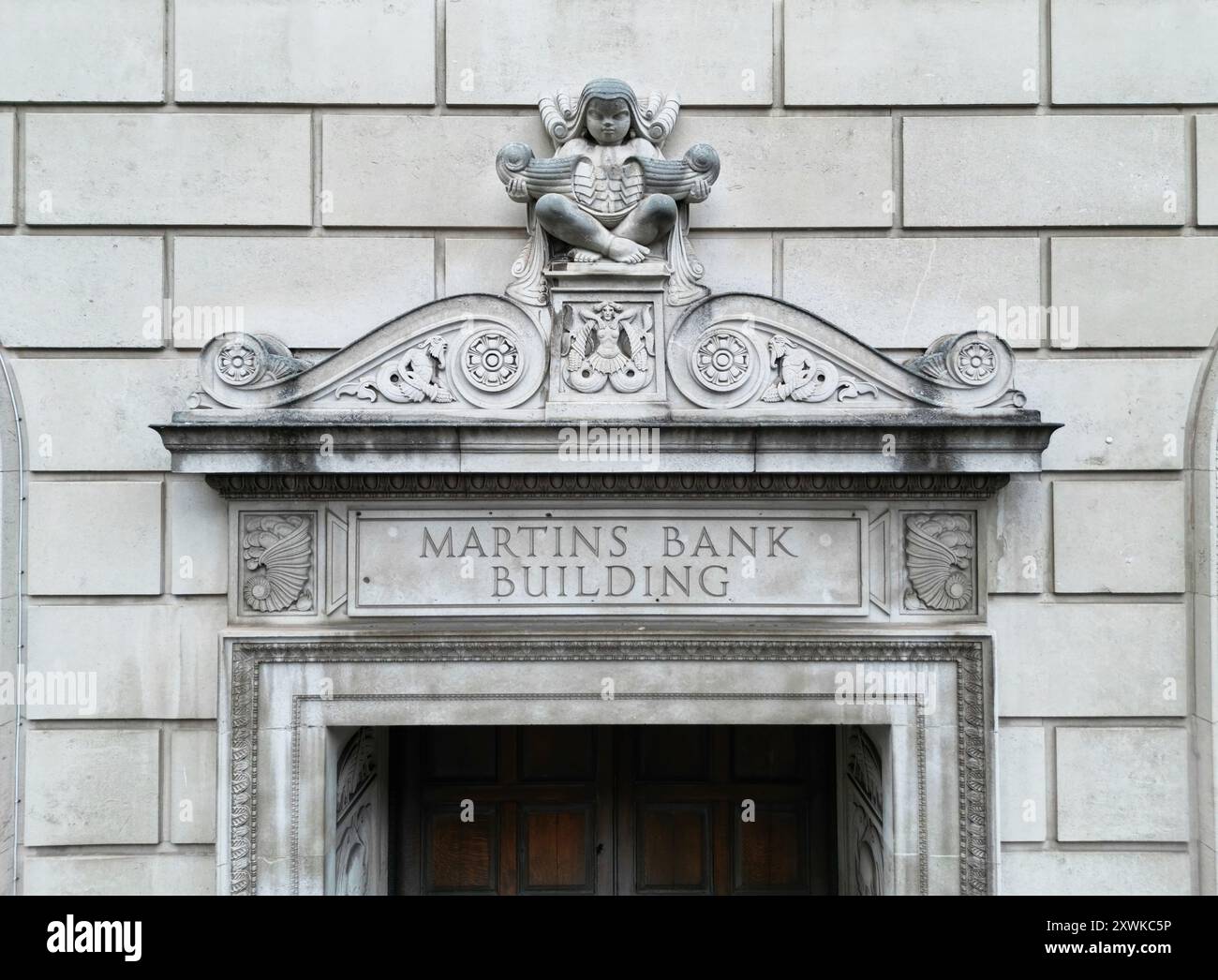 Eye level drone view of the relief sculptures on the former Martins Bank building on Water St Liverpool Stock Photo