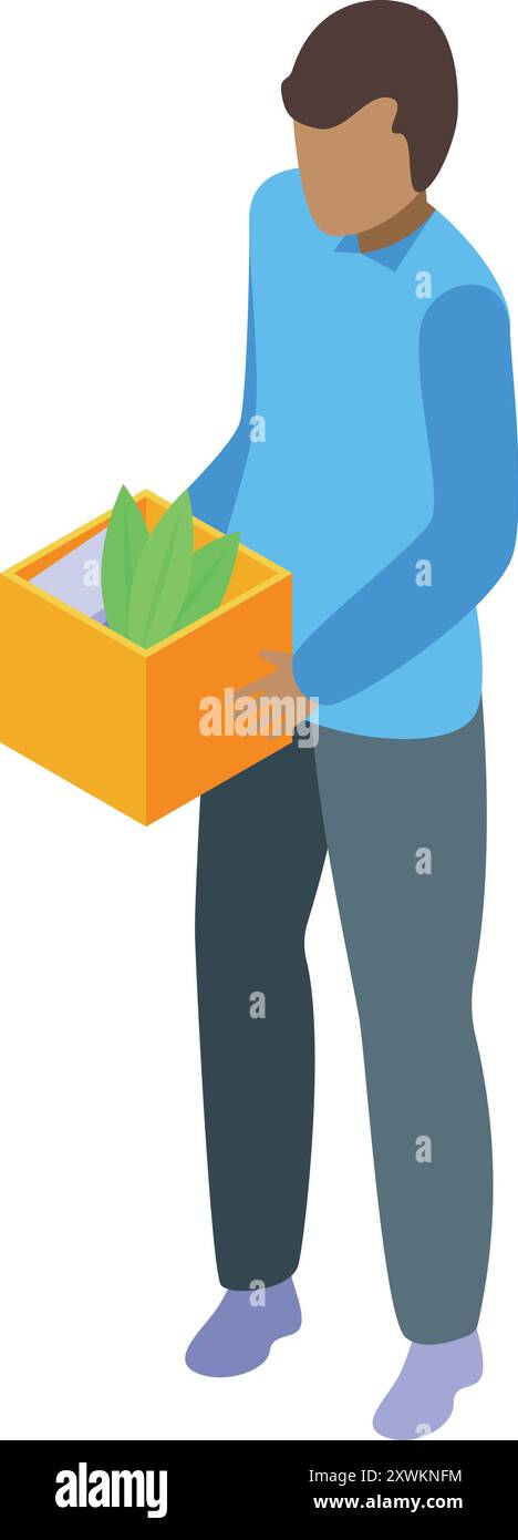 Office worker is leaving his previous job, holding a box with a plant Stock Vector