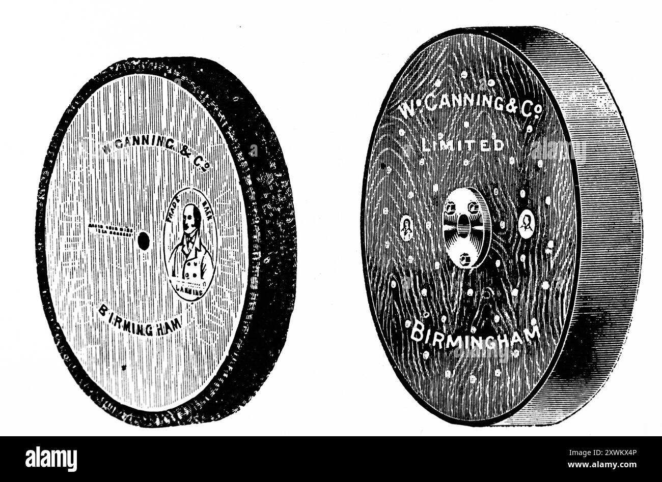 A Canning (Birmingham, England) felt wheel for polishing and a leather polishing bob. This photograph is from a large selection of mainly unattributed engineering illustrations and photos which were originally published in 1936. The sizes and quality of the originals vary quite widely. Stock Photo