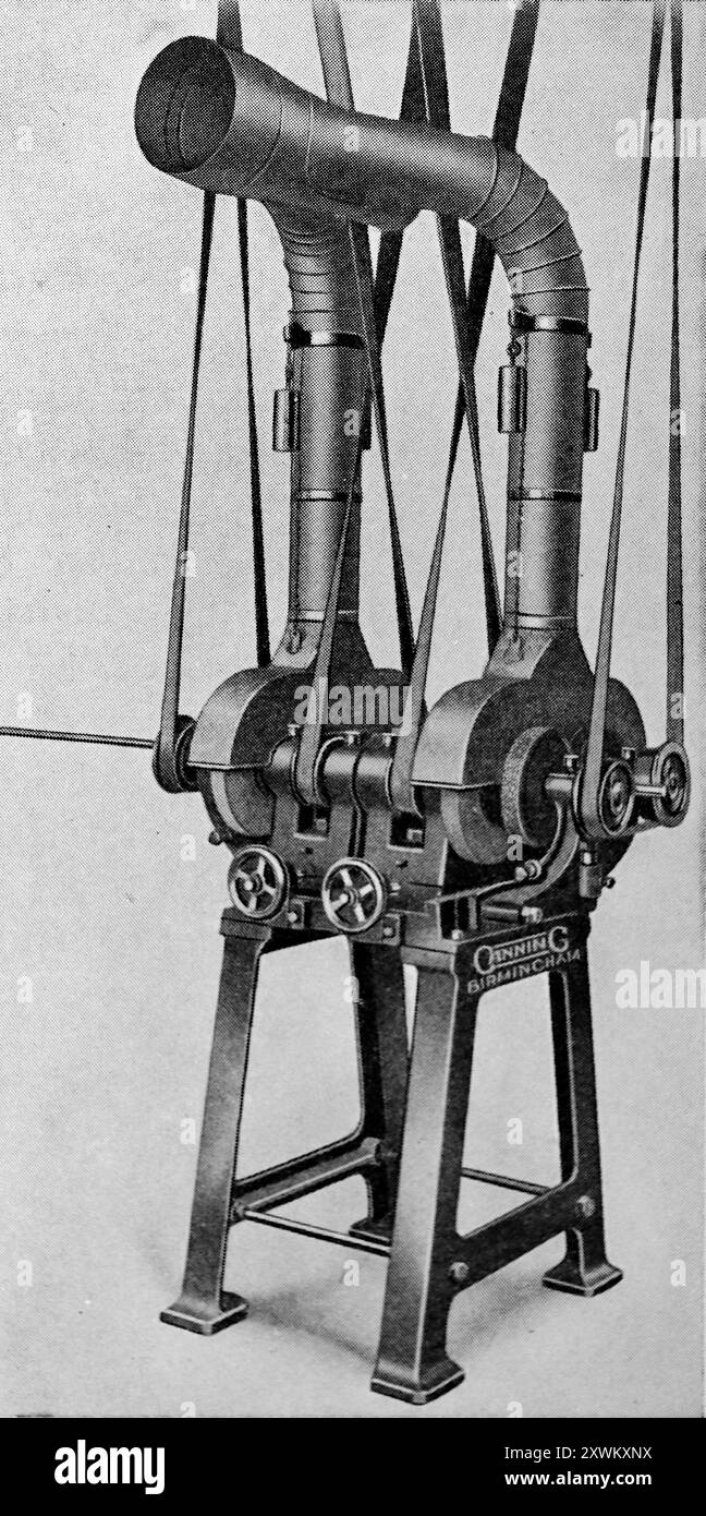 A Canning (Birmingham, England) combination machine for polishing synthetic materials like Bakelite, with two fan exhausts. This photograph is from a large selection of mainly unattributed engineering illustrations and photos which were originally published in 1936. The sizes and quality of the originals vary quite widely. Stock Photo