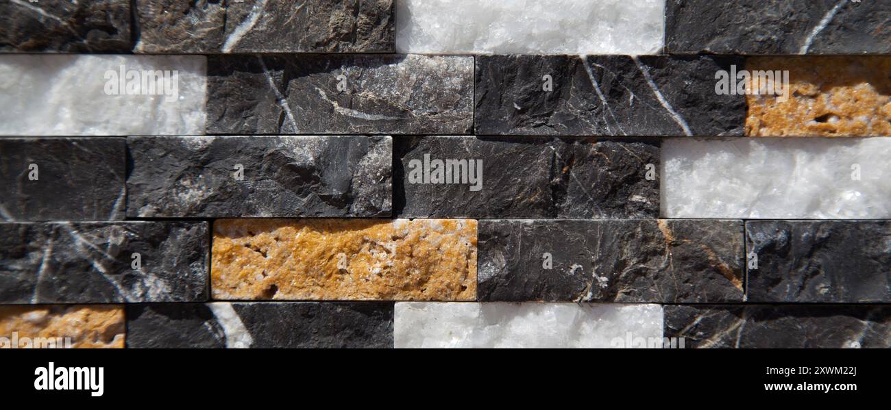 Rectangular cut out black white an beige organic marble wall texture background can be, tile seamless lined up Stock Photo