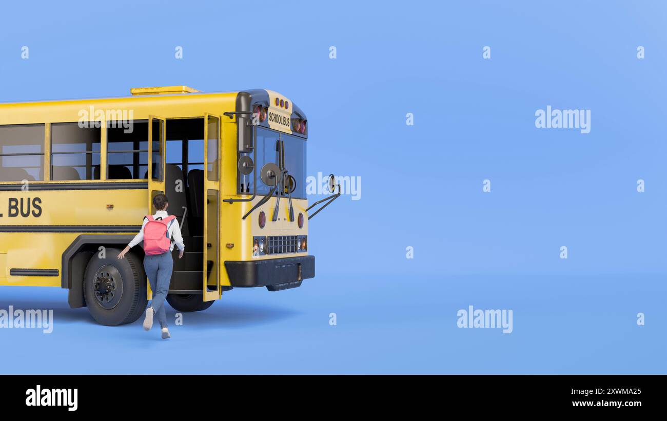 Excited schoolgirl running to yellow bus in morning rush. 3d rendering ...