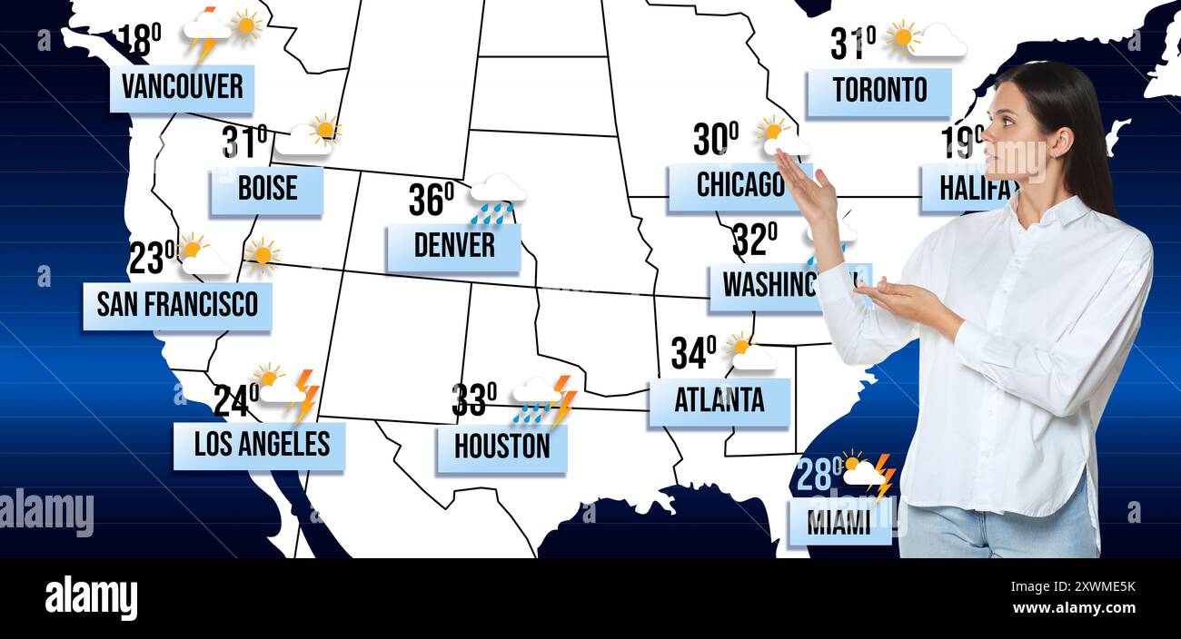 Weather broadcaster presenting forecast against map of USA Stock Photo