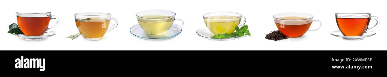 Different types of tea in glass cups isolated on white, set Stock Photo