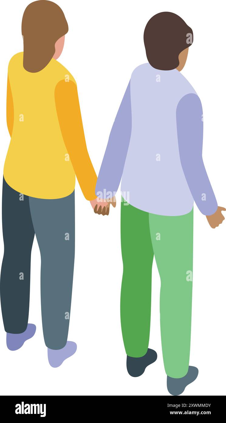 Couple is walking away holding hands in this isometric illustration ...