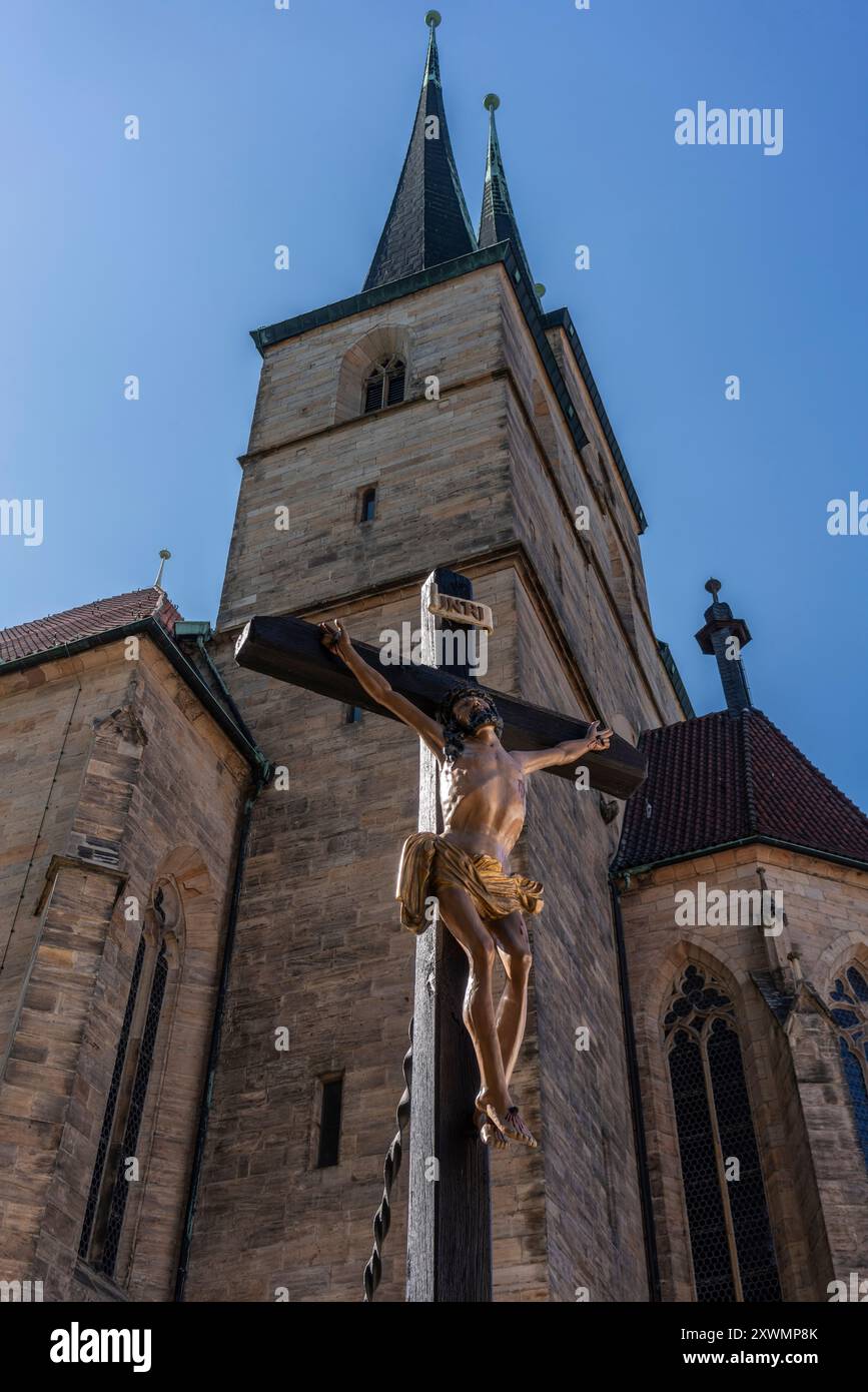 Jesus on the cross statue in front of Erfurt Cathedral (Erfurter Dom) Stock Photo