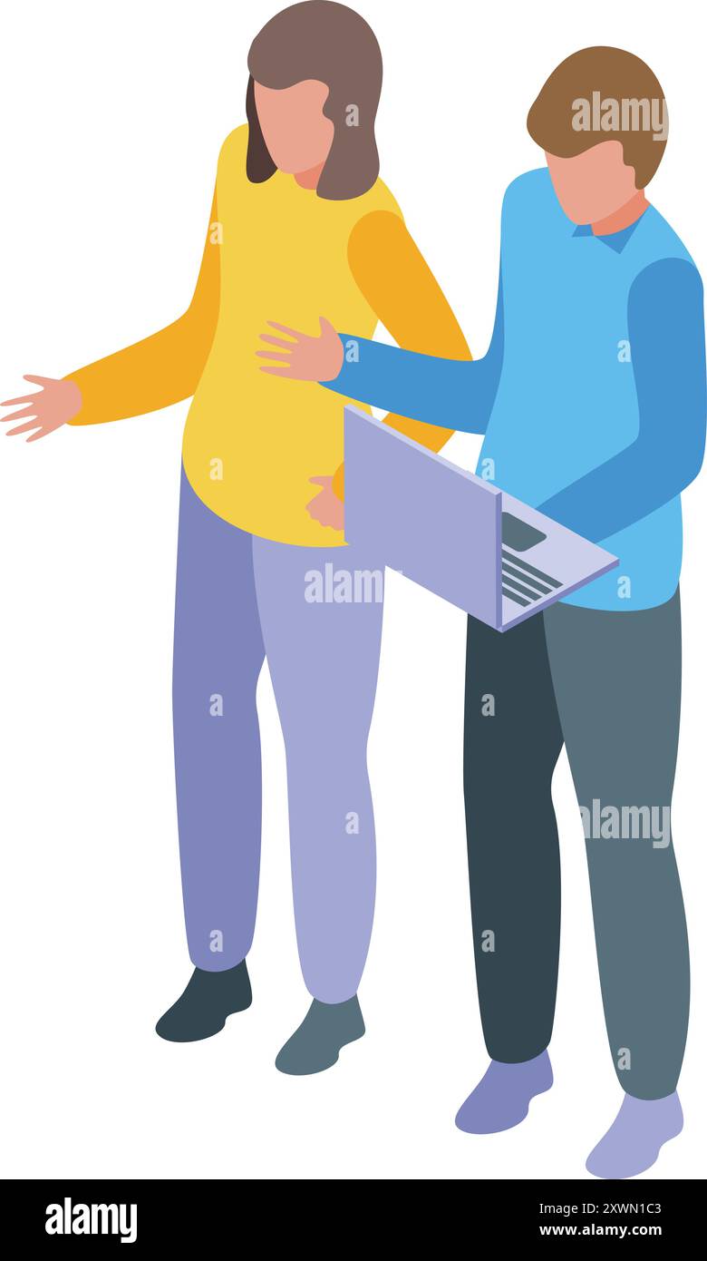 Two businesspeople working together, brainstorming and planning a new project on a laptop Stock Vector