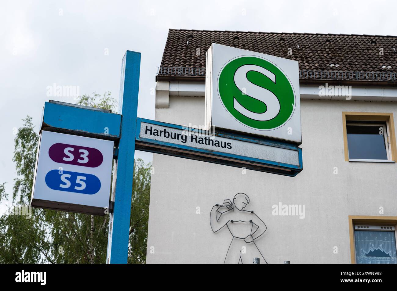 Hamburg, Germany, July 18, 2024 - Sign of the S line, a regional train ...