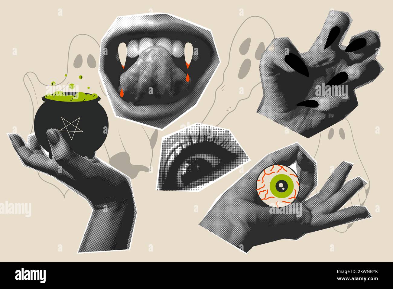 Retro collage halftone elements, mouth, teeth, eye hands Vector illustration Stock Vector