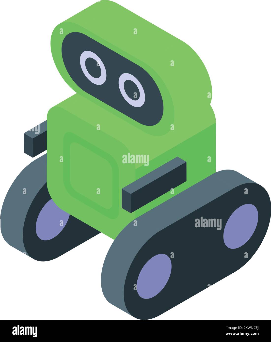 Green robot with caterpillar wheels is moving forward, isolated on white background Stock Vector